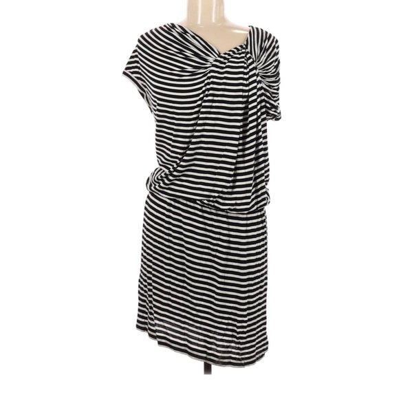 Calvin Klein Dresses & Skirts - Calvin Klein Blue Asymmetrical Sleeves-neck Navy-white Striped Knit Dress Size 8